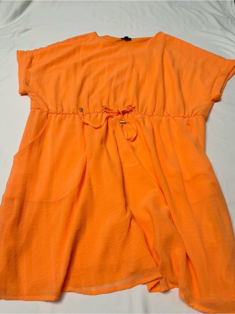 TACERA TUNIC SHORT DRESS, ORANGE GUAZE LIKE TEXTURE, DRAWSTRING WAIST, PLUS SZ 3 - Picture 3 of 8